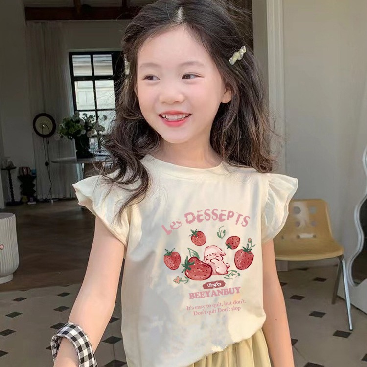 Wholesale popular girl's cute cotton top summer children's western style small flying sleeve short sleeve T-shirt children's thin T-shirt
