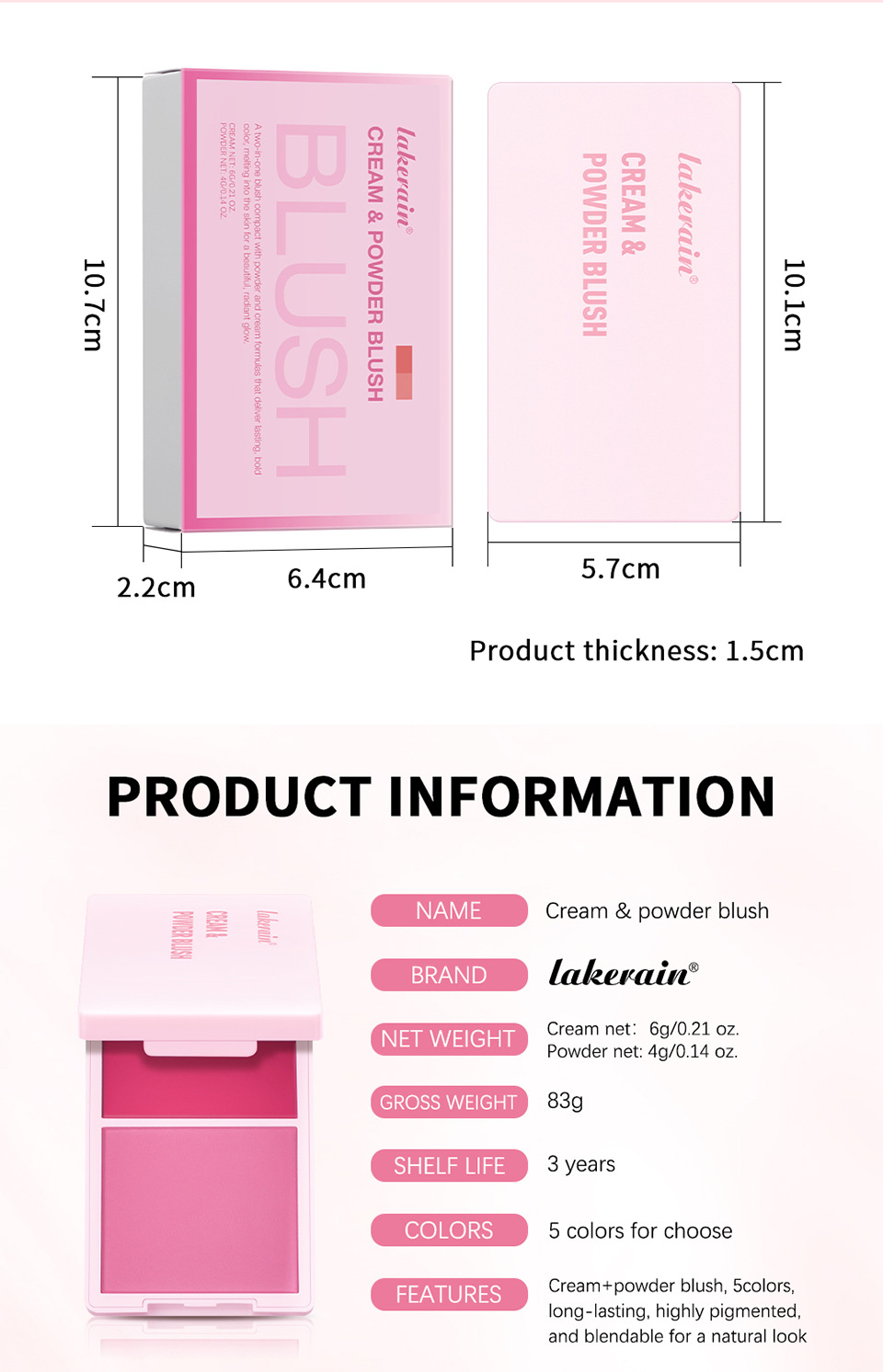 Cross-border lakerain two-in-one Blush Palette: Natural and easy-to-apply matte blush powder undefined