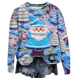 跨境新款外贸圣诞节圆领卫衣3D效果印花圣诞老人款上衣女厂家批发