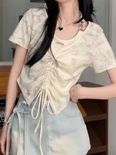 大码纯欲假两件挂脖短袖T恤女2025夏季微胖mm遮肚子显瘦甜辣上衣