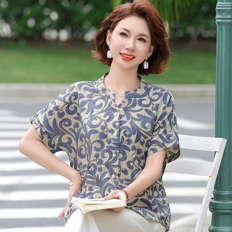 ママの夏のおしゃれトップス、中年半袖シャツ、婦人服、中高年女性の新作夏Tシャツ、洋風スーツ|undefined