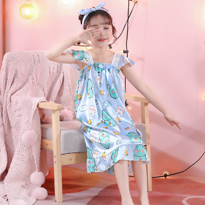 Hielo vestido de pijama de niños princesa viento de verano caricatura de seda de simulación de chicas cabina vestido de mangas cortas ropa para el hogar