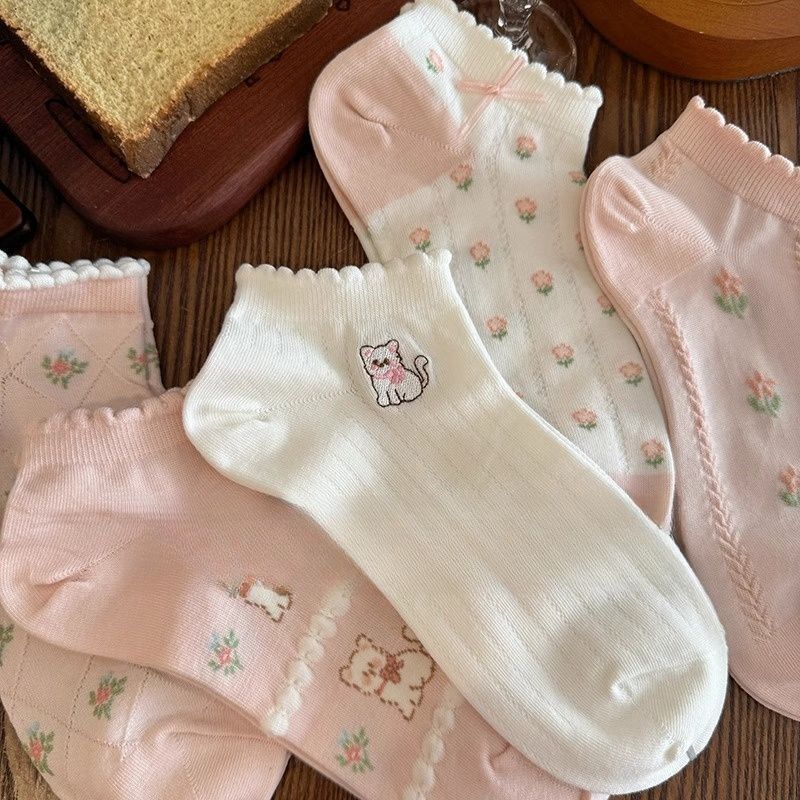 Cute Cat Socks for Women Spring and Summer Thin Shallow Socks Lace Girls Japanese Style Design Pink Boat Socks