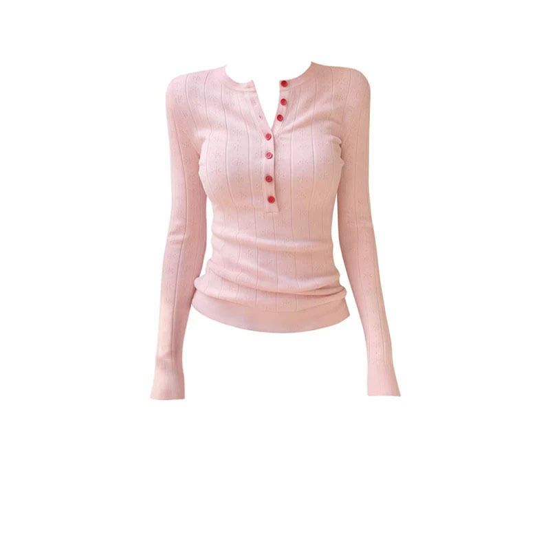Korean-style sweet pink V-neck long-sleeve T-shirt for women, new slim-fit base shirt for early spring and autumn, extremely stylish top