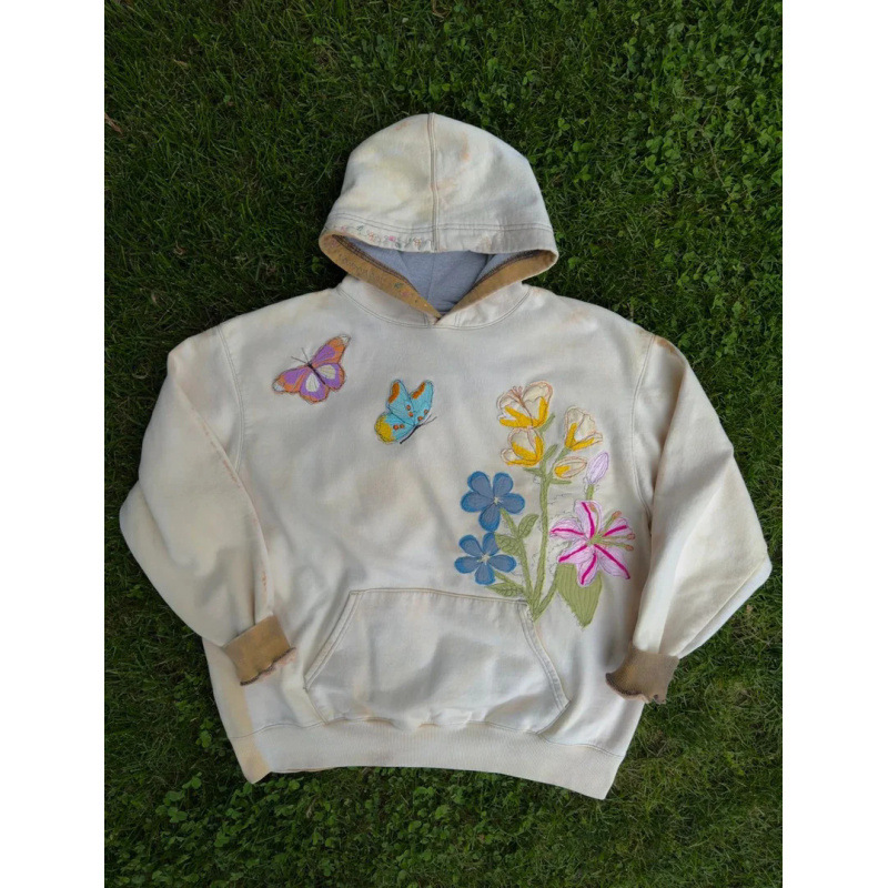Felpa con cappuccio con stampa floreale vintage - Pullover con grafica 3D a farfalla minimalista per donna (XS-2XL, grigio/bianco, 80% poliestere)_voghion.com