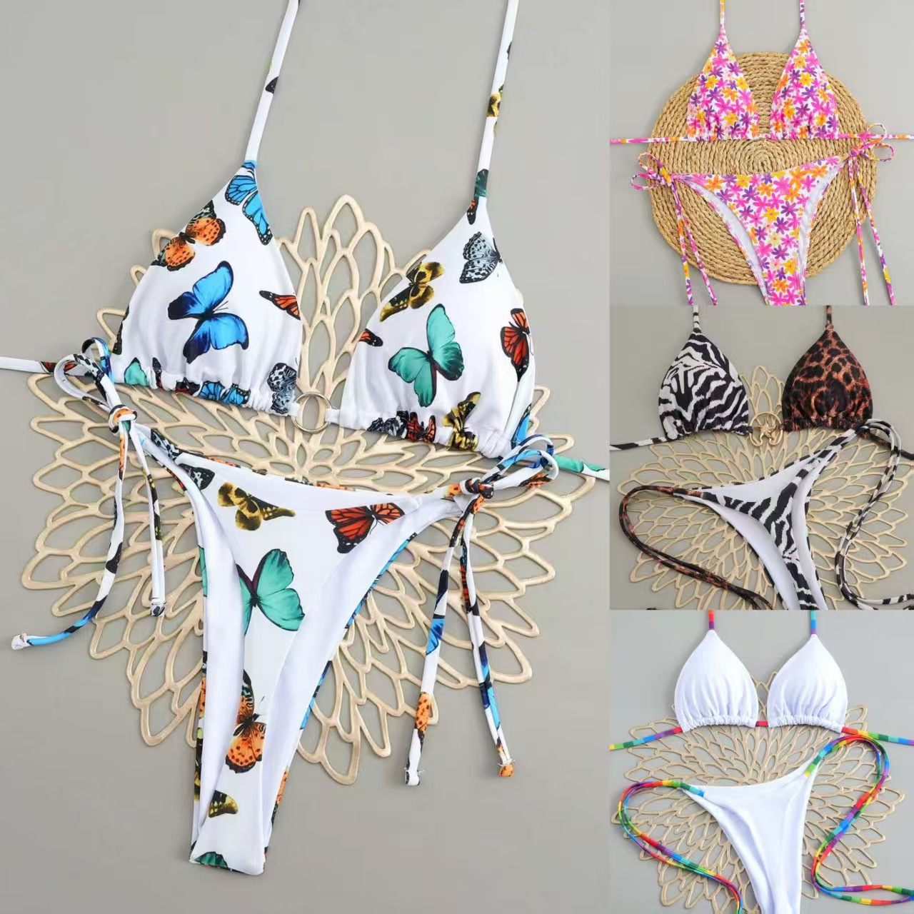 2025 New European and American Rainbow Strip Sexy Lace-Up Women's Bikini Beach Swimming Vacation Split Sports Swimsuit