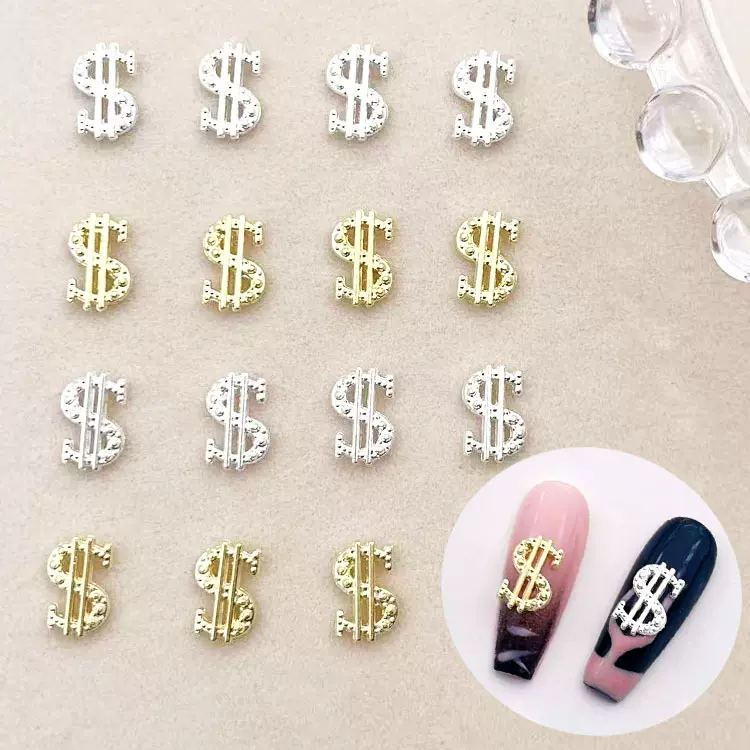 新款发财美甲饰品轻奢超闪合金美元镶钻钱币符号穿戴甲配饰批发