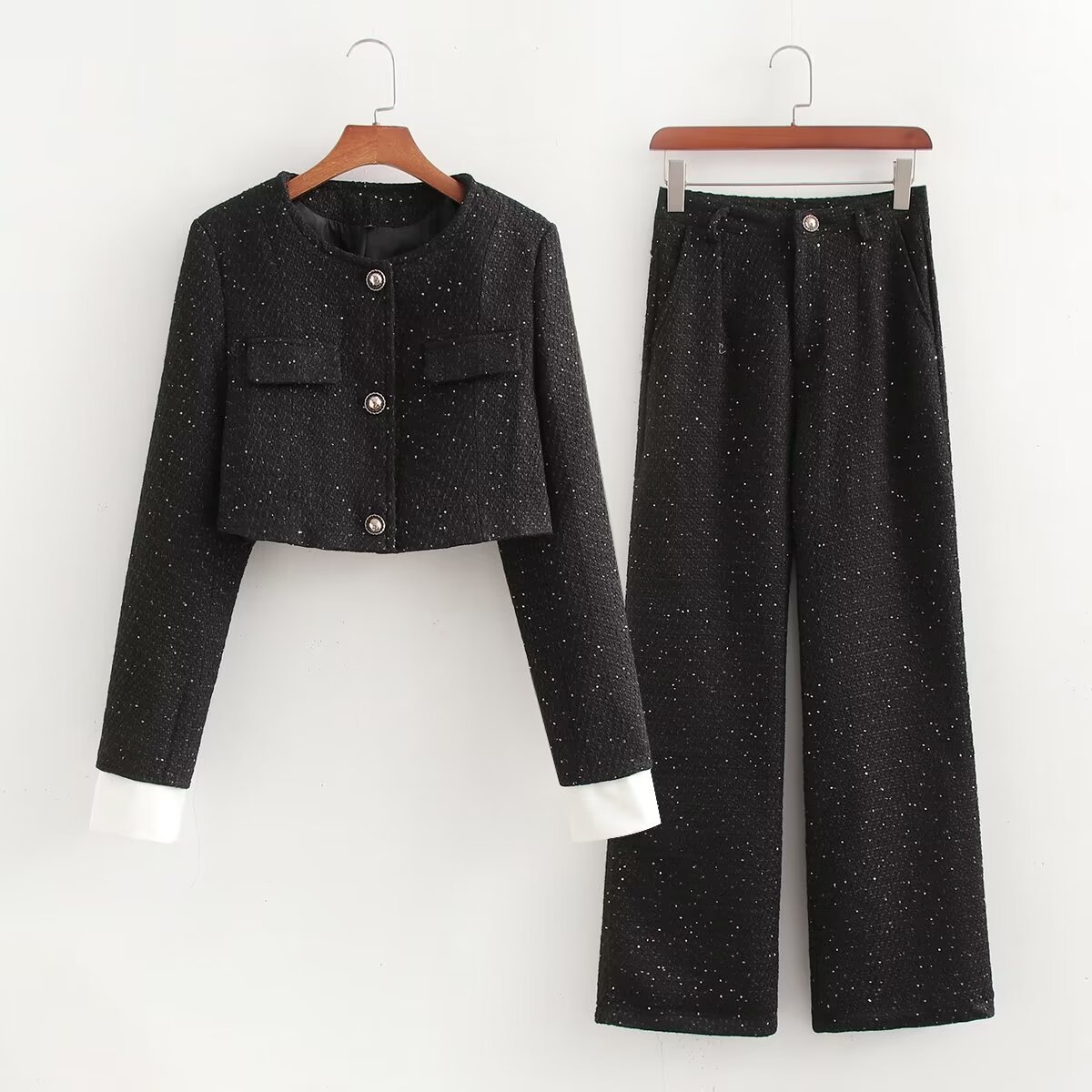 Damenbekleidung Sommer neue Damenbekleidung Mode kleiner Duft Stil Pailletten bestickte Jacke hohe Taille Hosenanzug_voghion.com