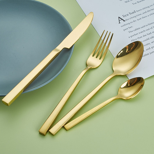 Yamareg Thickened 304 Stainless Steel Square Handle Steak Knife Fork Spoon Set for Hotel Western Dessert Tableware