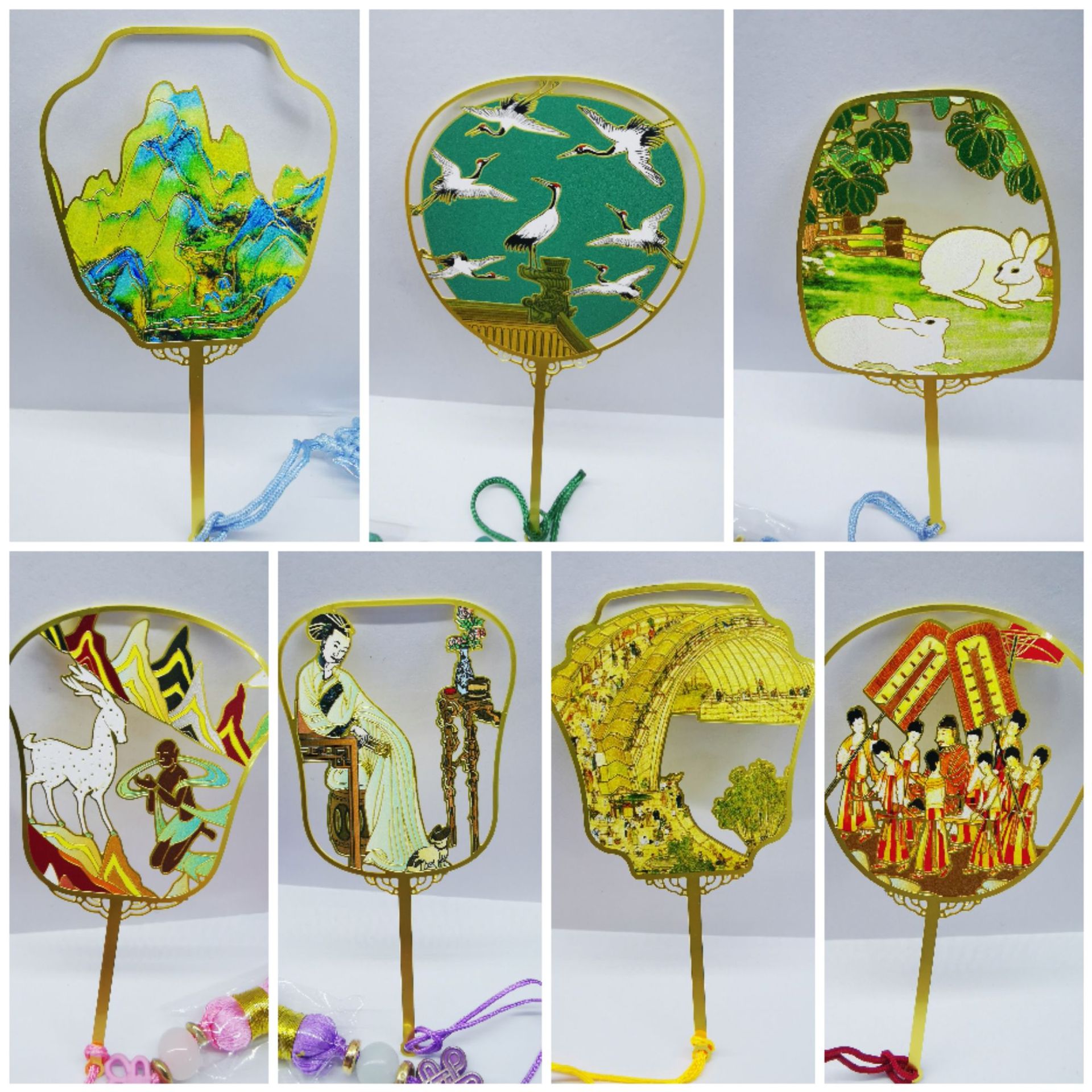 团扇书签彩色牡丹兰花荷花礼盒包装书签景区旅游工艺品书店货源