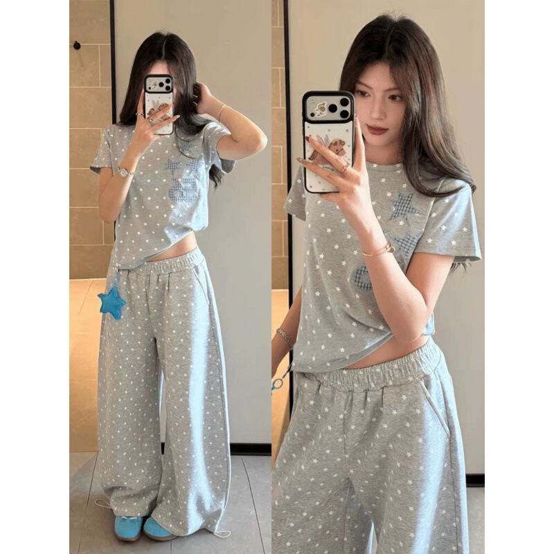 American-Style All-Over Star Embroidery Casual Sports Thin Suit Summer Short-Sleeved Wide-Leg Pants Two-Piece Set for Female Students American-Style All-Over Star Embroidery Casual Sports Thin Suit Summer Short-Sleeved Wide-Leg Pants Two-Piece Set for Female Students