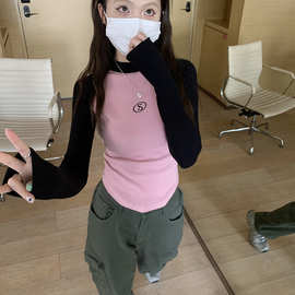 【92棉8氨纶260克】正肩紧身拼色长袖新款修身内搭打底衫短款上衣
