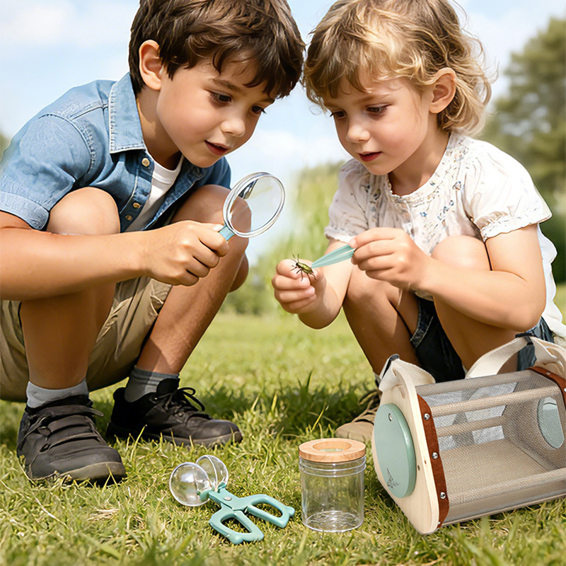 Niños al aire libre insectos observación conjunto de madera exploración juguete puzzle ciencia popularizada insectos trampa red bolsa de lupa
