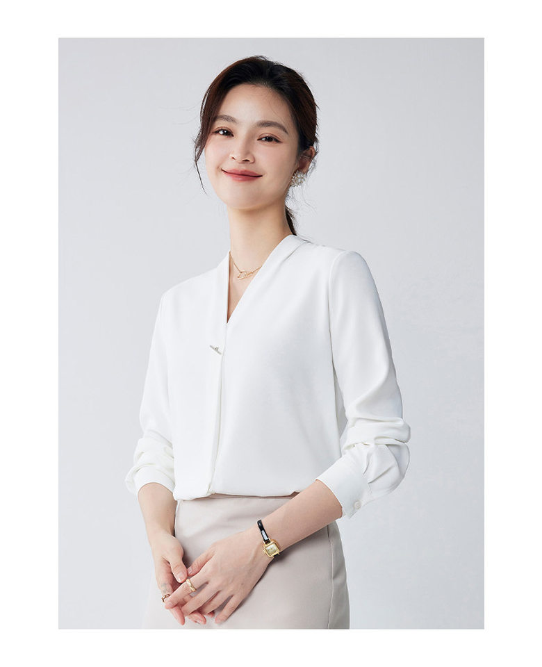 Áo sơ mi nữ voan cổ chữ V dài tay xếp li chống xuyên thấu — Tay áo dài màu trắng phong cách nữ chi tiết 14