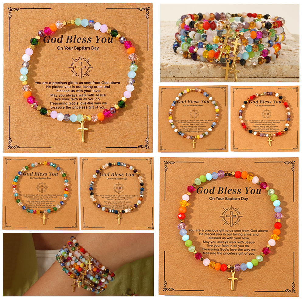 9g Weight 304 Stainless Steel Pendant Material Vacation Simple Style Cross 304 Stainless Steel Artificial Crystal Beaded Chain Beaded Bracelets Wholesale