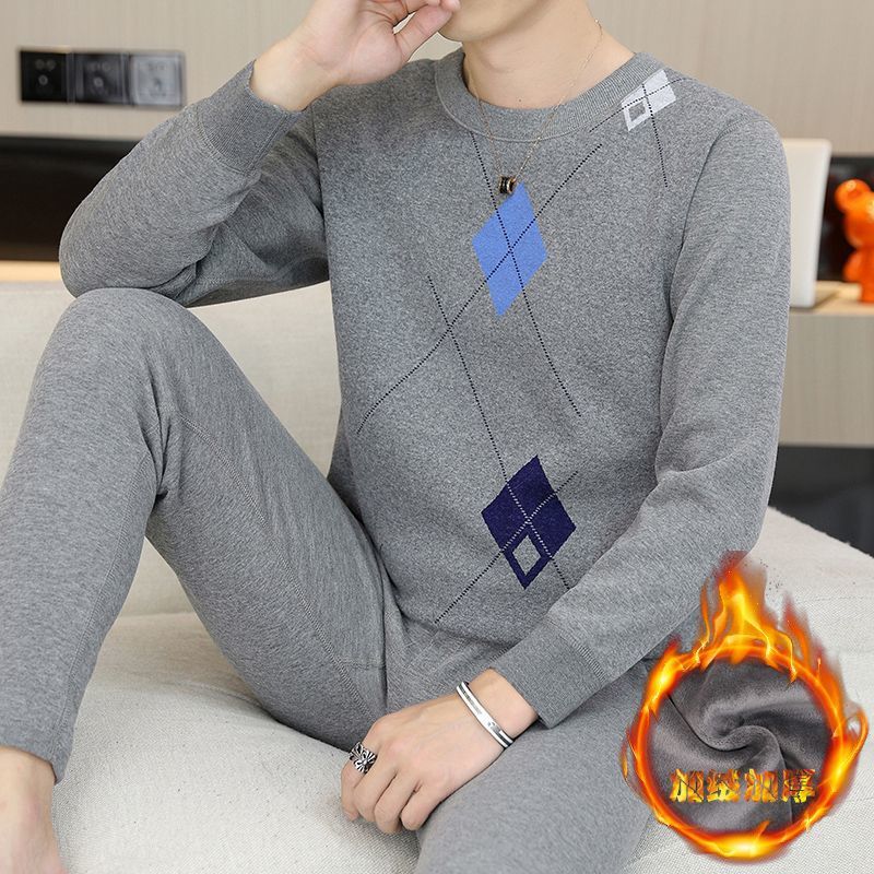 열 속옷 남자 면화 플러스 벨벳 두꺼운 겨울 방한 라운드 넥 가을 코트와 가을 바지 청소년 슬림 열 양복