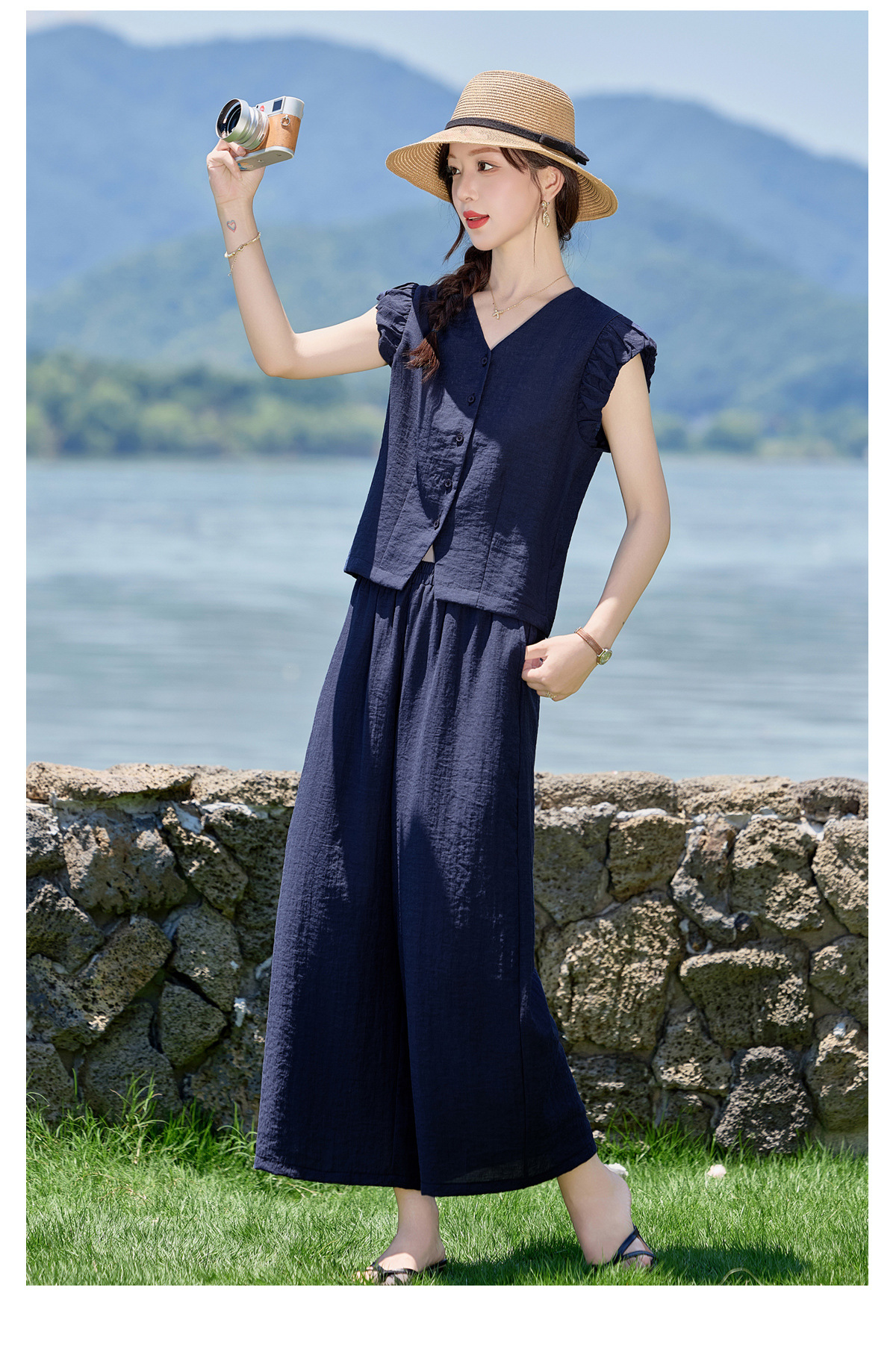 Bộ vest nữ hè 2025 áo sơ mi cổ V ôm quần ống thẳng hai mảnh LB2869 — màu xanh hải quân, Màu trắng nhạt chi tiết 7