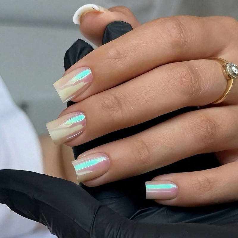 Medium-Sized Square False Nails with Chrome-Plated Mirror Surface, Light Pink Aurora, Bright White, European and American Ins Style, Cross-Border Hot Sale