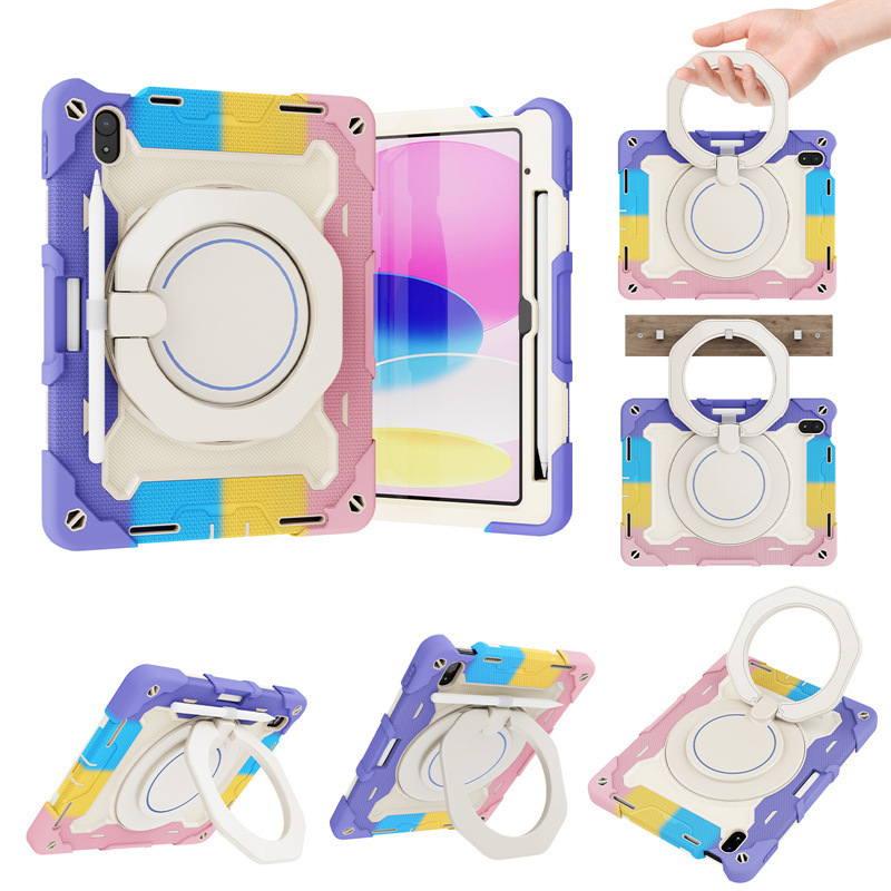 Suitable for iPad 10Th 2022 Colorful Silicone Tablet Case Shoulder Strap Pc Bracelet Rotating Stand Air5 Protective Case
