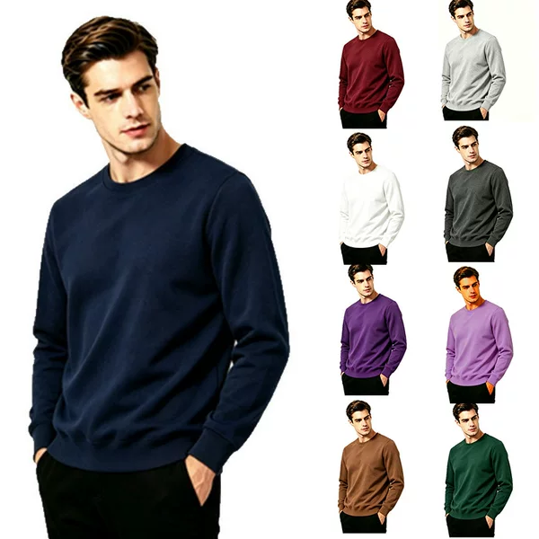 Cross-Border Men's Sweatshirt, Men's Sports Shirt, Autumn and Winter Round Neck Sweatshirt, Pullover, Solid Color, Fleece-Lined, Long-Sleeved Top, 18 Colors