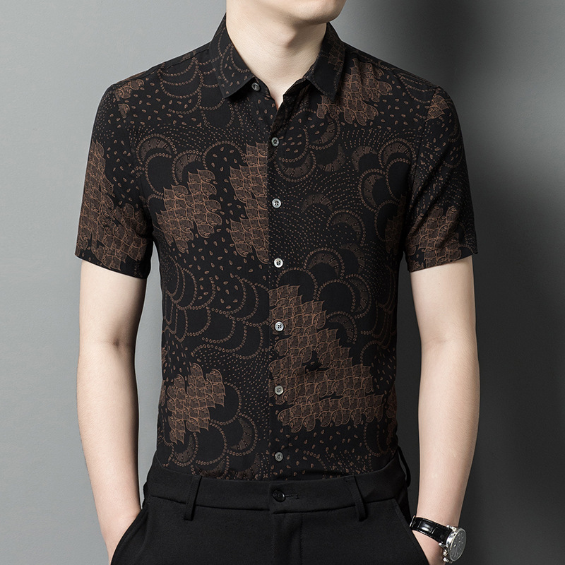 High-End Xiangyun Silk Shirt for Men, New Style, Short-Sleeve Silk Shirt for Middle-Aged, Summer Casual Thin Silk Shirt, No Ironing Needed