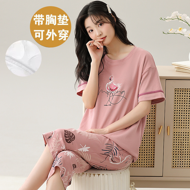 Women's Summer Cotton Thin Short-Sleeved Pajamas with Breast Pads, Cartoon Cropped Pants, Two-Piece Set of Home Clothes That Can Be Worn Outside