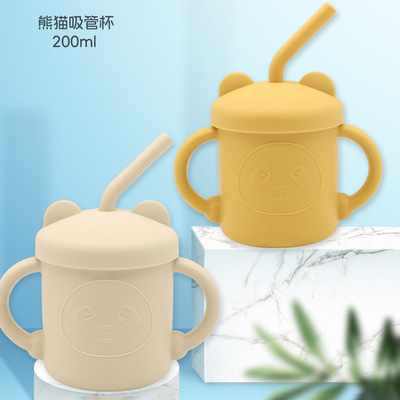 兒童吸管杯矽膠學飲杯熊貓水杯卡通寶寶喝水吸管杯矽膠小熊水杯