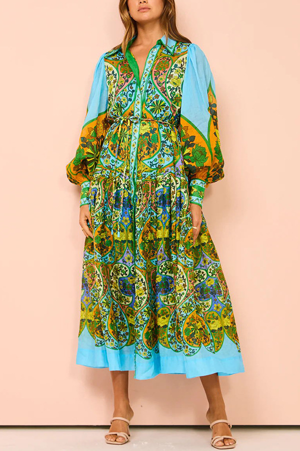 Regular Fit Fit Type Plant Pattern Wholesale Women's Vacation Printing Plant Holiday Beach Shirt Collar Long Sleeve Regular Dress