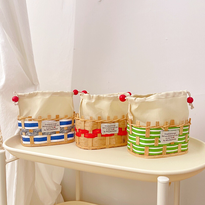 Creative Colorfulful Wooden Strips Woven Paper Towel Storage Basket Small Desktop Paper Towel Basket Cute Niche Paper Towel Box Drawstring
