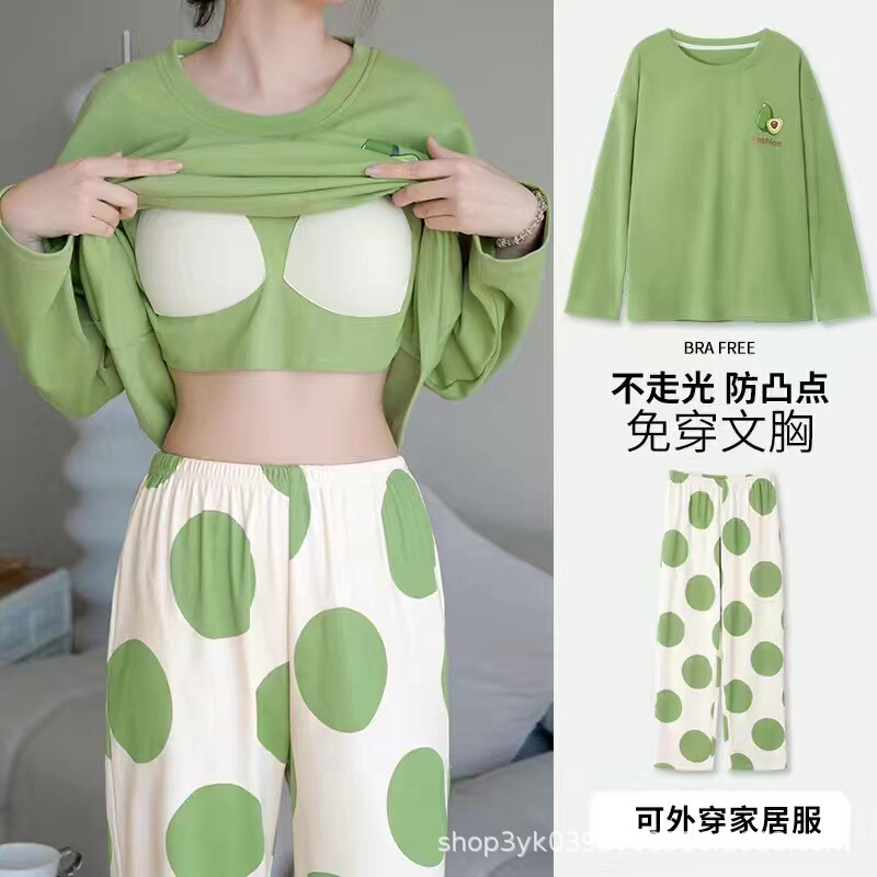 跨境2025新款睡衣女款春秋带胸垫长袖薄款大码秋季一体家居服套装|undefined
