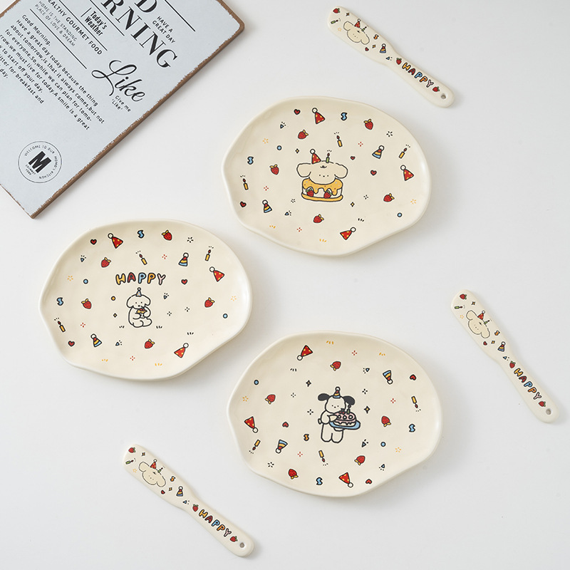 Original designer cute happy birthday tableware ceramic plate cake plate bread plate creative birthday gift Original designer cute happy birthday tableware ceramic plate cake plate bread plate creative birthday gift