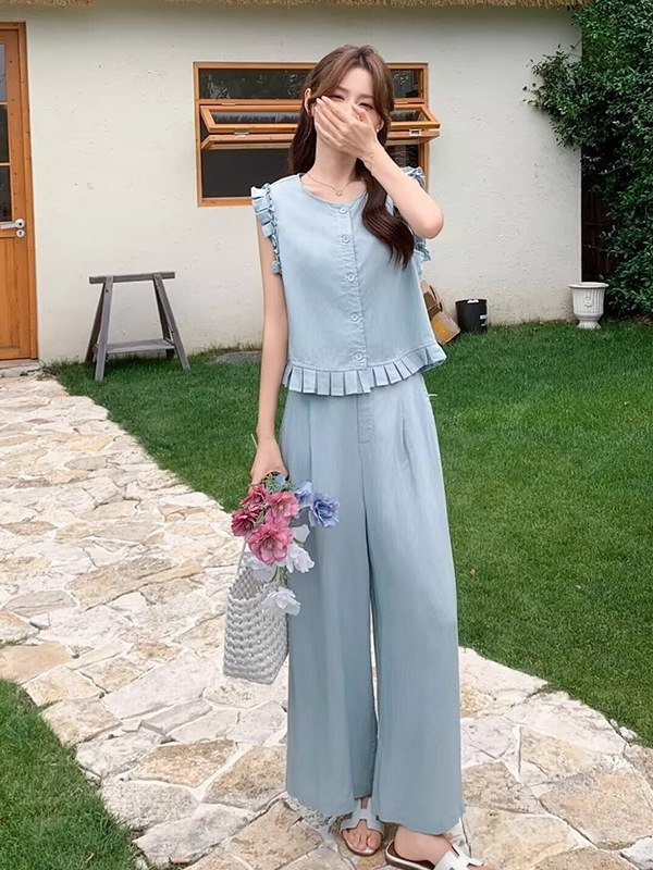 女性のためのファッションスーツ 2025 夏の新しいスタイルスリムスタイルノースリーブベストワイドレッグパンツ 2 点セット|undefined