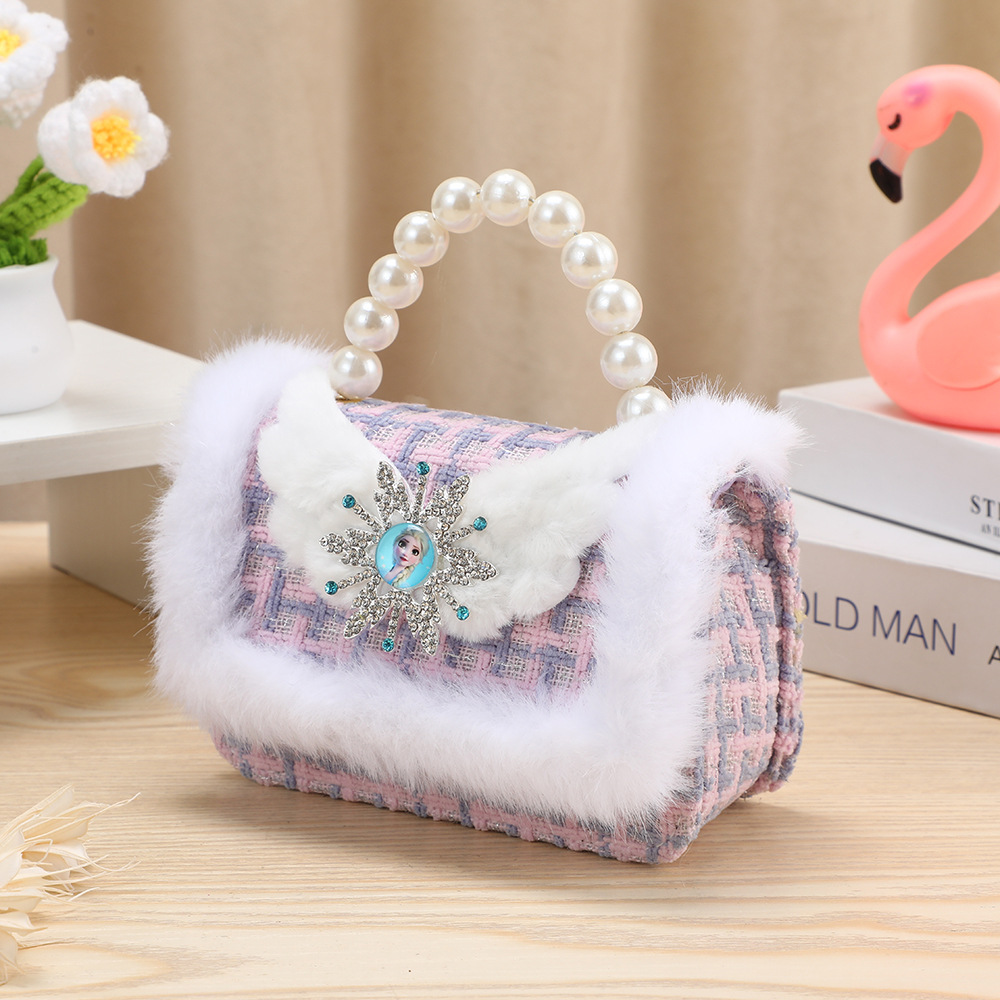 Mochila para niños otoño y invierno moda bolsa de hombro pequeña bolsa de princesa de viento de peluche cuentas de mano princesa de viento