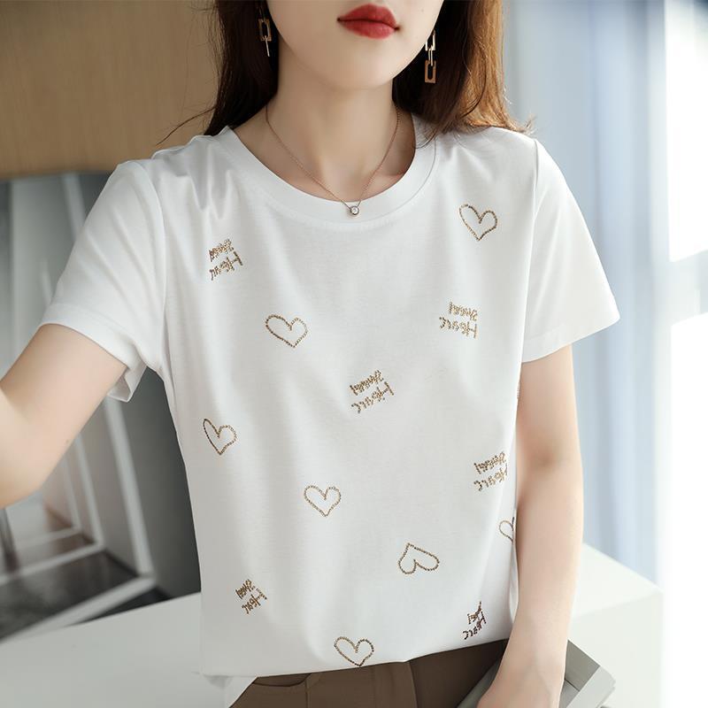 80 double-sided mercerized cotton short sleeve T-shirt women's summer new cotton love hot drilling slim round neck half sleeve top