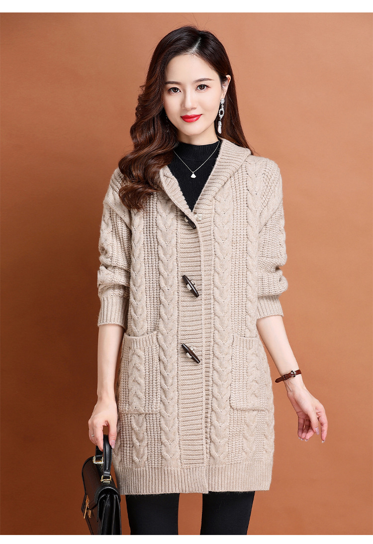 Women's horn button high-end sweater coat women's autumn and winter new versatile loose mid-length twisted hooded cardigan_voghion.com