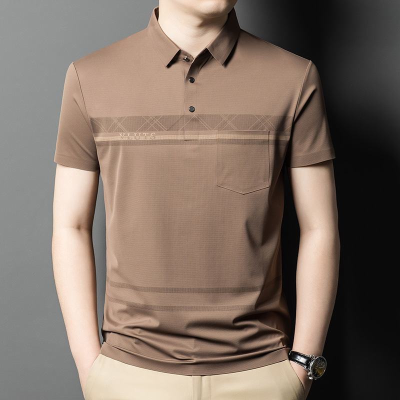 Dad short-sleeved T-shirt men's 2024 summer new Korean style middle-aged men's striped loose lapel casual top_viptrois.com