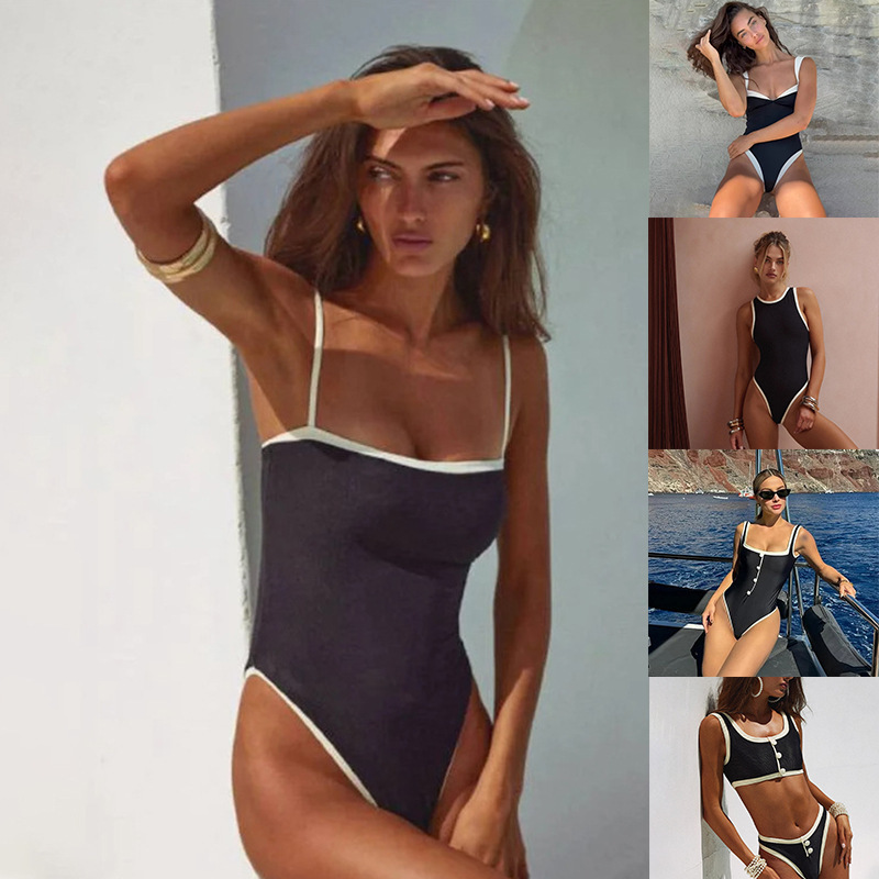 European and American Plus-Size Women's Popular Foreign Trade One-Piece Color-Blocked Swimsuit Sexy Cross-Border Triangle Bikini Swimwear Wholesale