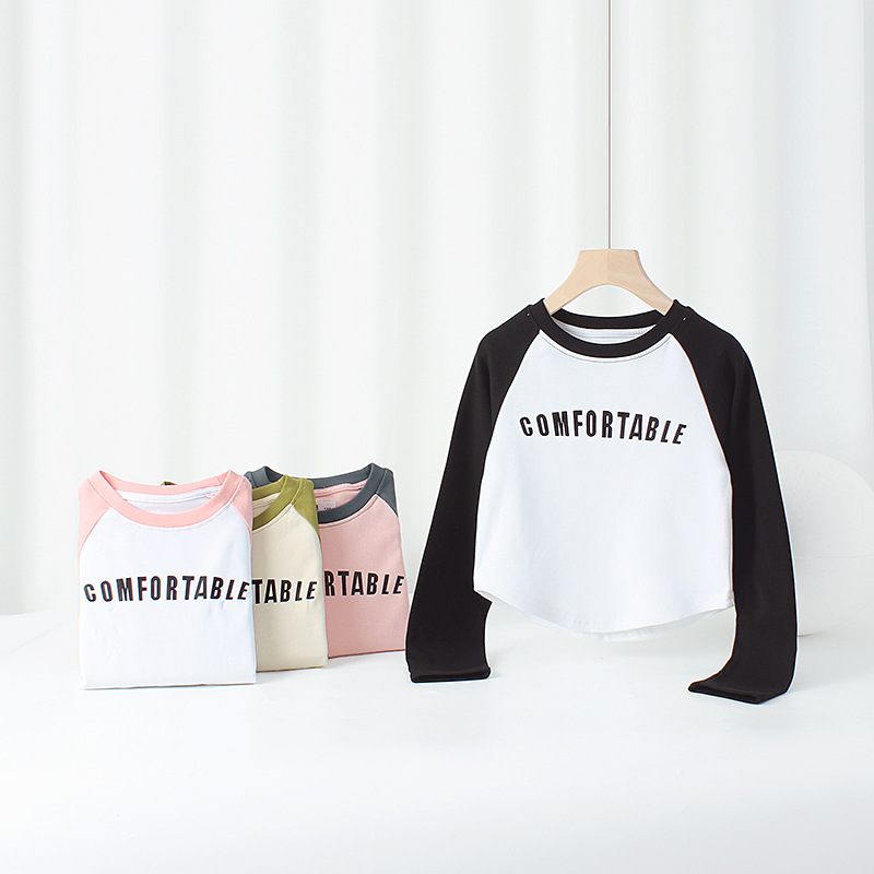 Primavera de estilo coreano ropa para niños Nueva Camiseta de manga larga para niñas media y grande para niños Raglan camisa de fondo corto para niños de manga larga al por mayor