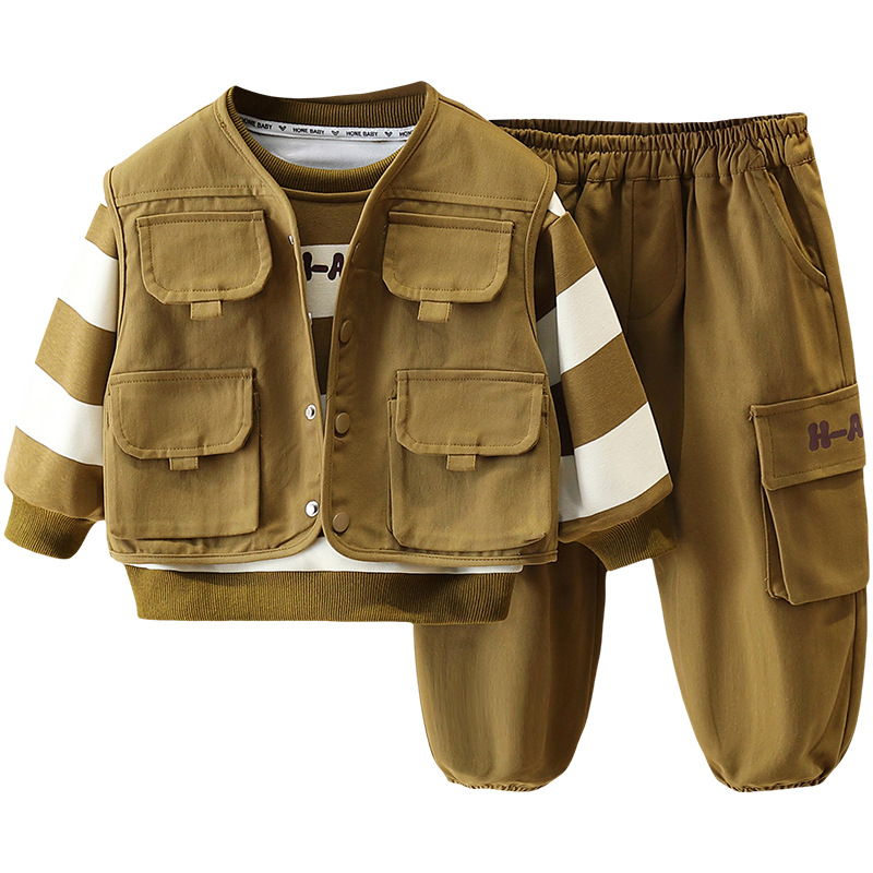 6116 traje de chaleco para niños 2025 primavera y otoño nuevo estilo hermoso suéter a rayas para niños traje de tres piezas de otoño para bebés