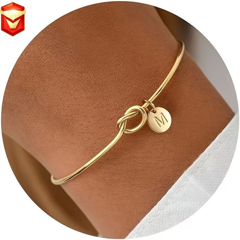 Fashion New Gold Initial Bracelet Color-Preserving Versatile Women's 26-Letter Round Pendant Knotted Open Bangle