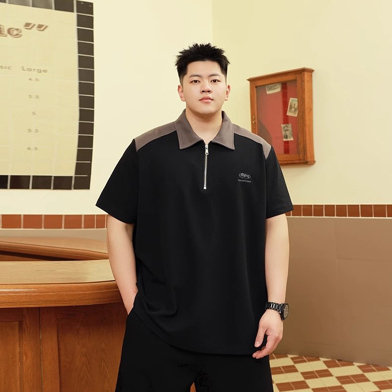 American Retro Color-Block Short-Sleeve Polo Shirt for Men, Summer Trendy Brand, Loose Plus Size 150kg Casual Half-Sleeve with Zipper
