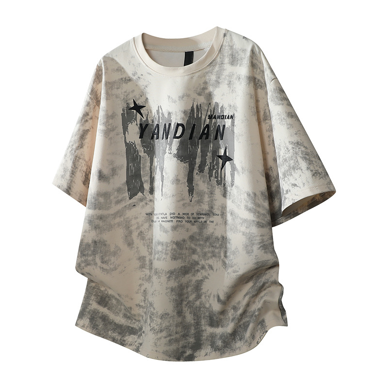Transfronterizos retro americanos teñidos camiseta hombre suelta gran gorda estilo callejero delgado camiseta de cuello redondo de manga corta
