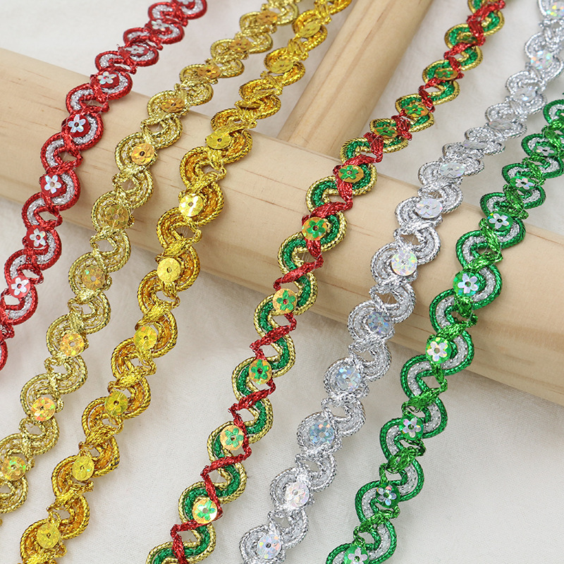 Cinta ondulada en forma de S de alambre de oro y plata de 1,5 cm, lentejuelas de ciruela láser, decoración de linterna de encaje, accesorios de ropa de escenario