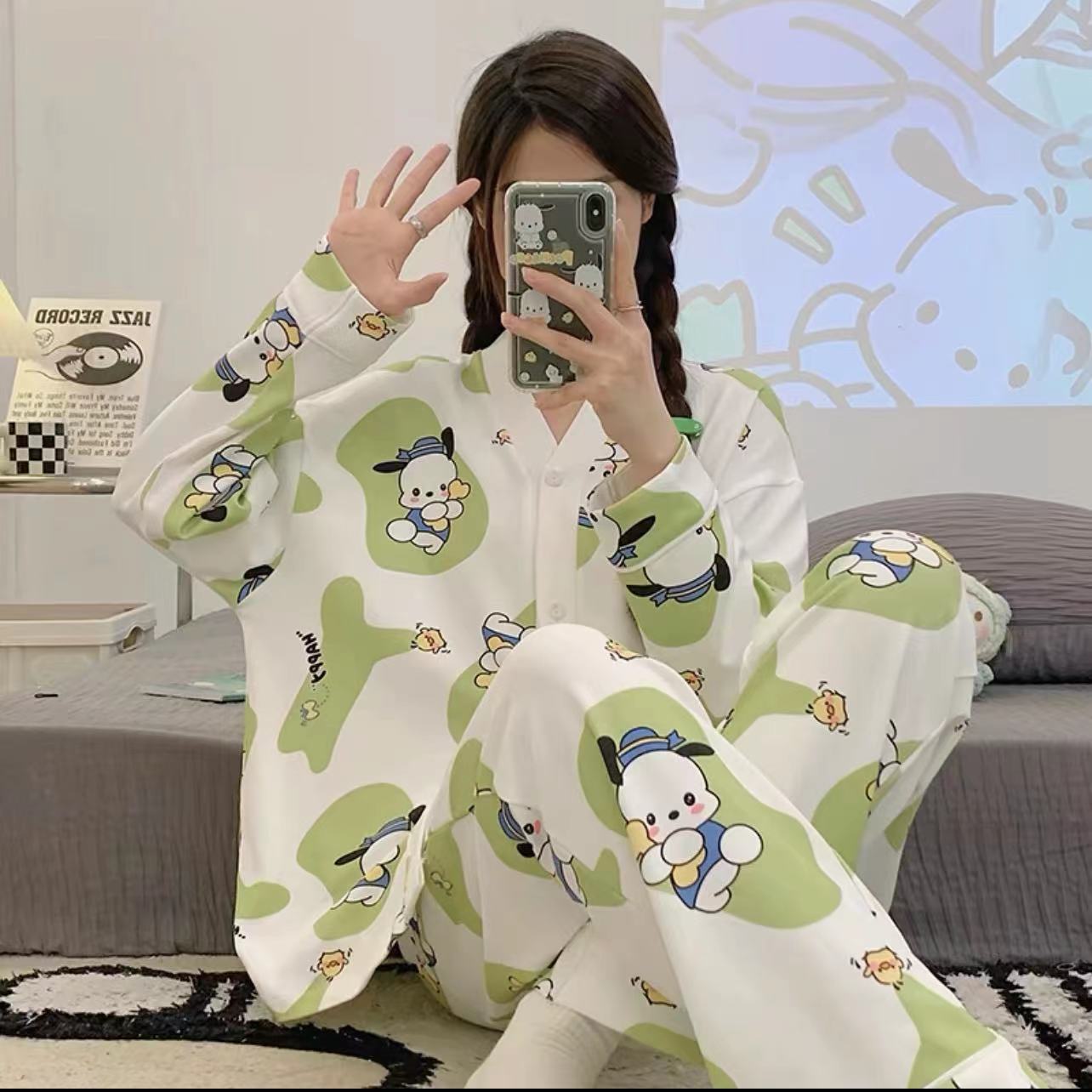 2025 pijama de perro de jade Gui primavera y otoño para mujeres manga larga dibujos animados adorables estudiantes adolescentes gran tamaño gordo mm ropa de hogar