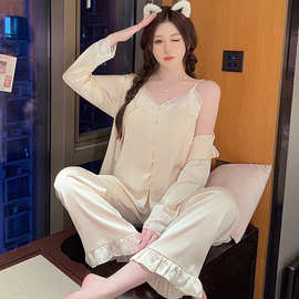 带胸垫细沙性感睡衣女秋冬季2024年新款三件套薄款冰丝吊带家居服