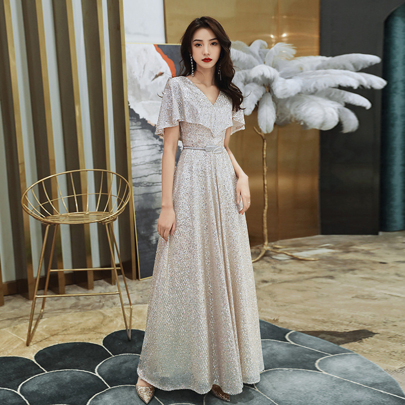 Evening dress slimming high-end banquet temperament performance host annual meeting long champagne plus size wearable