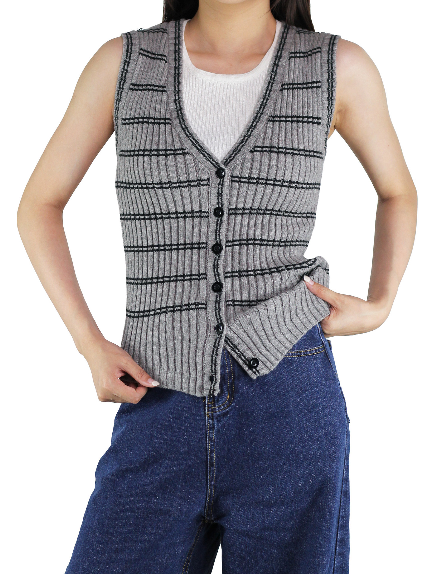 Inventario transfronterizo de ropa de mujer explosión camisa de punto chaleco de mujer V-collar rayas de punto cardigan chaleco de punto suéter al por mayor