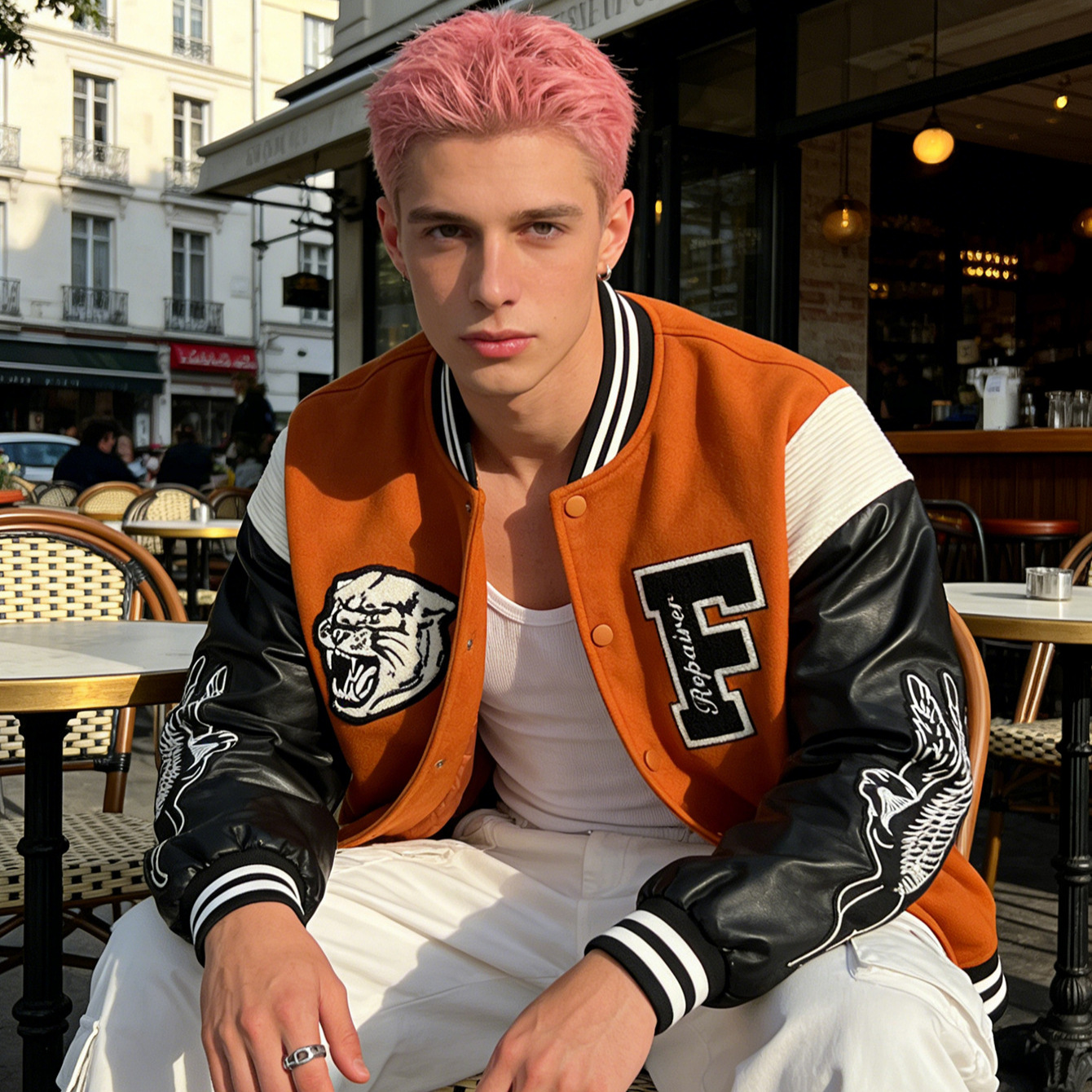 Men's Baseball Jacket, American Retro Baseball Uniform, PU Leather Sleeve Embroidered Jacket, Spring and Autumn Bomber Cross-border Loose Fit