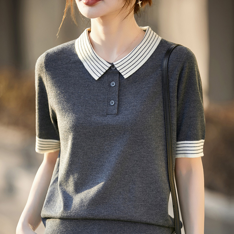 Niche Design Color-Blocked Lapel Fine-Spun Silk Wool Elegant Commuter Youthful Knit Short-Sleeve Women's Thin Top