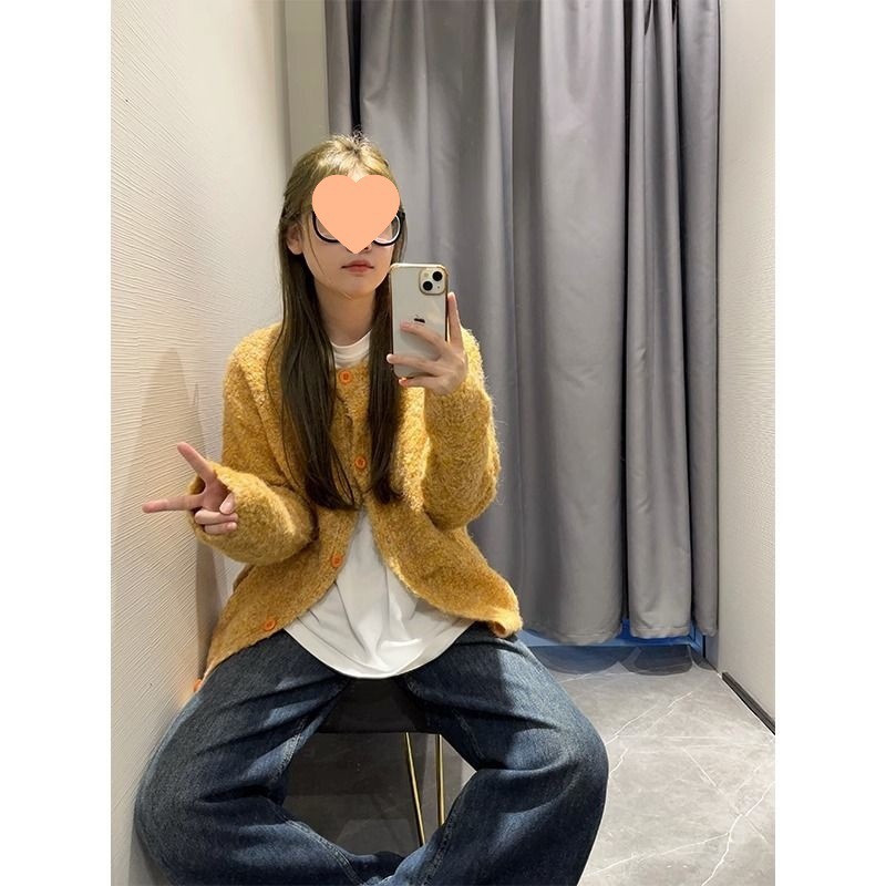慵懒风软糯黄色针织外套女秋冬季新款设计感甜美减龄宽松休闲上衣|undefined